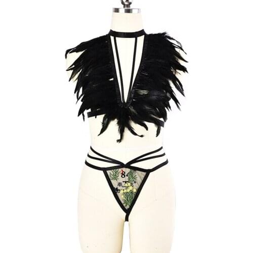JLX.HARNESS Sexy Lingerie feather Body Harness Bra Set Bralette plumage Body Harness Set & Women Mesh Transparent G-string Sheer