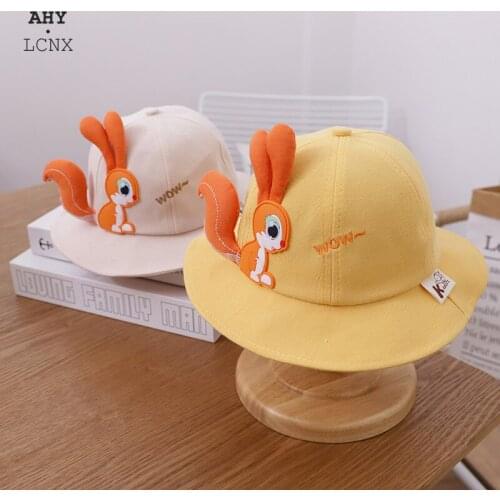 Cap for Girl Boy New Sunscreen Hat Outdoor Children Big Brim UV Protection Fisherman Cartoon Squirrel Bucket Baby Hats