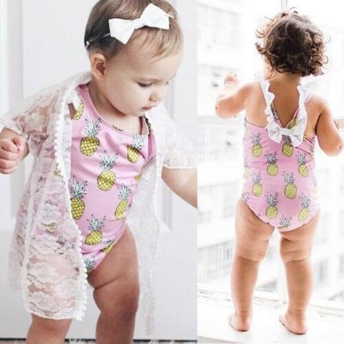 Newborn Baby Girl Ruffle Swimwear Sleeveless Pineapple Print Kid Bikini Swimsuit Summer Back Bow Tie Bathing Suit Beachwear 0-4Y