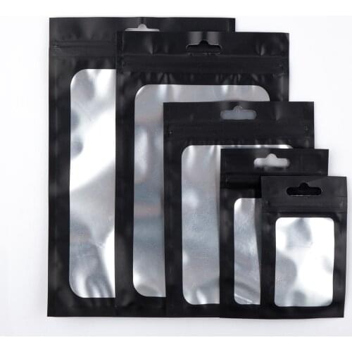 Varicous Sizes Reclosable Aluminum Foil Mylar Ziplock Package Bag Front Window Matte Black Zip Lock Bags with Hang Hole