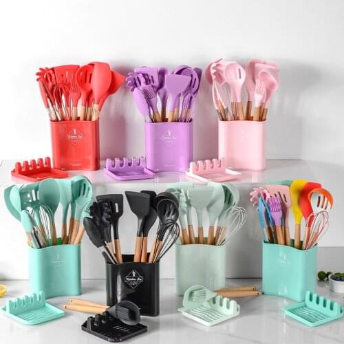 Silicone Cooking Utensils Set Beech wood Handle Cooking Tools Set With Storage Box Kitchen Tool Accessories kitchen accessorie