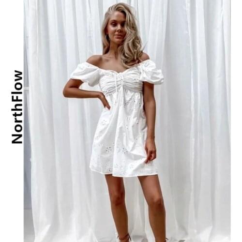 Northflow Women Dress Puff Sleeve Embroidery Lace Solid Mini De Fiesta Party Dress Vestidos Robe Femme