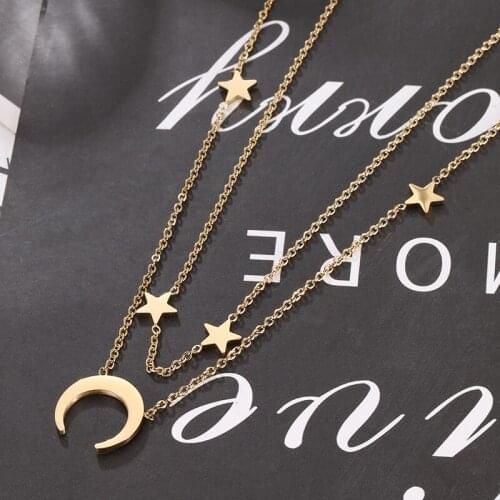 2019 new fashion stainless steel moon stars pendant double necklace charm female accessories