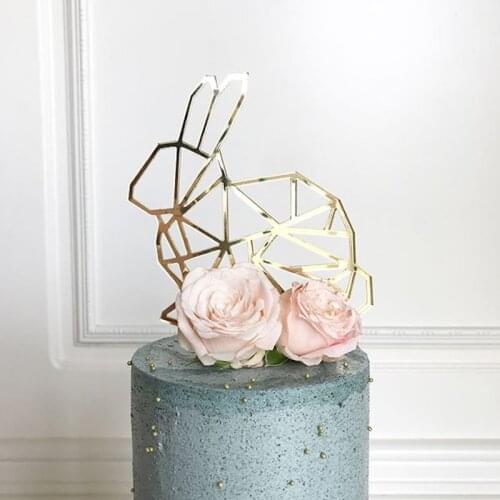 New Golden Geometric Animal Cake Topper Rabbit Cat Dog Acrylic Cake Topper For Birthday Party Cake Dessert Table Decorations