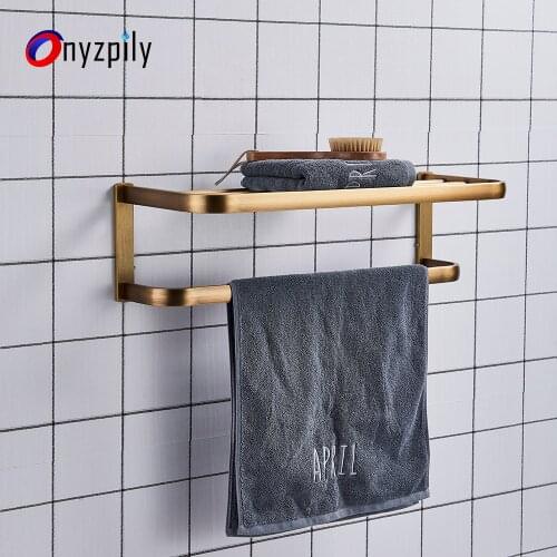 Onyzpily Antique Brass Bath Towel Rack Wall Mounted Bath Towel Holder Double Towel Rails holder Fixed Bath Towel Holder