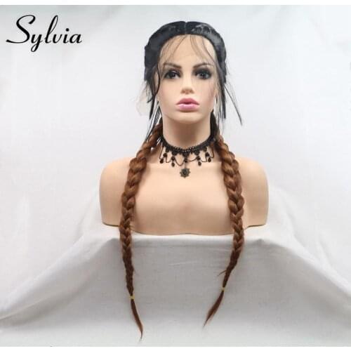 Sylvia Twist Braided Wig Ombre Brown Hair Synthetic Lace Front Wig With Baby Hair Dark Root Double Braids Wig Heat Resistant