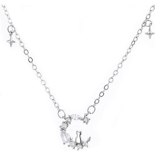 A Girl' Sweet Cat Moon Cubic Zircon Jewelry Necklace For Women Crescent Clavicle Chain Pendant Necklaces