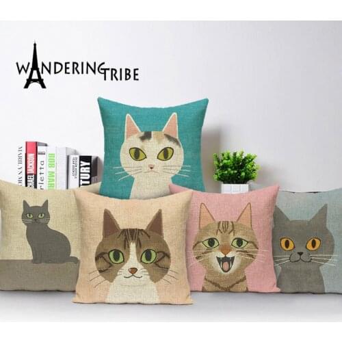Cute Animal Cushion Cover Cat Print Pillow Case Linen 45x45 Throw Pillow Cover Decoration for Home Bed Bedroom Funda Cojin Cases