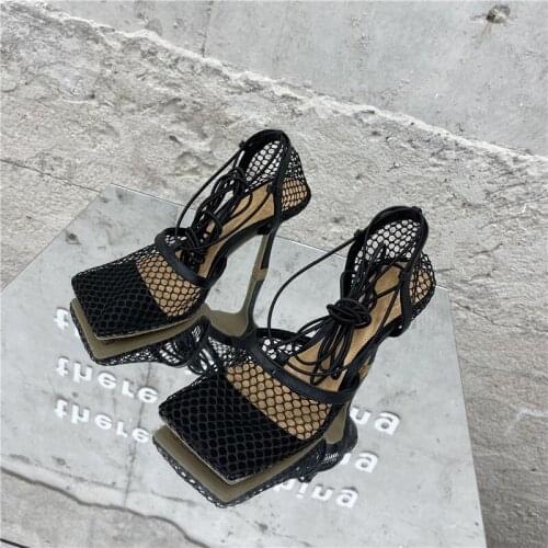 2021New Sexy Yellow Mesh Pumps Sandals Female Square Toe High Heel Lace Up Cross-tied Stiletto Hollow Dress Shoes Womens Shoes