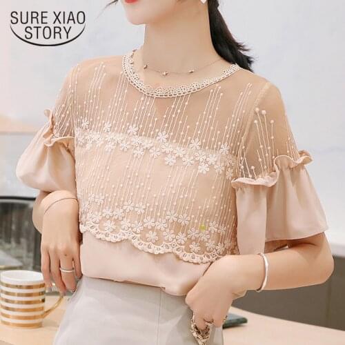 Korean Style New Fashion 2021 Summer Women Blouses Floral Womens O-Neck Spliced Lace Shirts Ladies Tops Sweet Shirt 8611 50