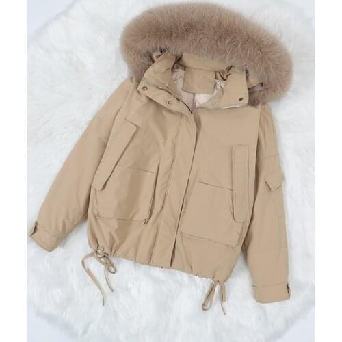 Ailegogo Winter Women Detachable Liner 90% White Duck Down Short Coat Zipper Puffer Parkas Real Fox Fur Hooded Drawstring Jacket