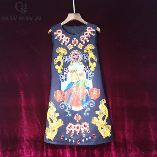 Qian Han Zi 2020 Fashion Summer Runway Dress Womens Sleeveless Vintage Print Luxury Crystal Diamonds Dress