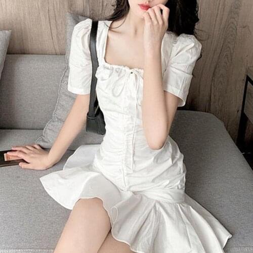 Women Dress Ruffled Hem Square Neck Polyester Short Sleeve White Streetwear for Date