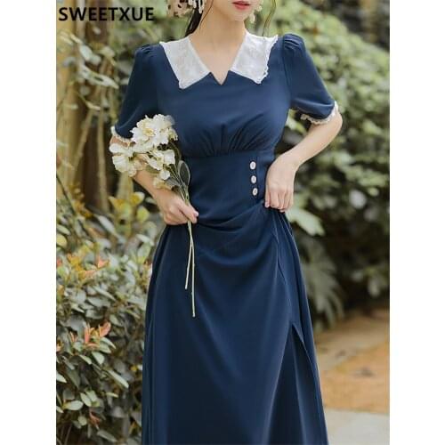 SWEETXUE 2021 Women Summer Fashion Vintage Elegant Split Blue Dress Female Lace Lapel Temperament Dress Chic Party Female