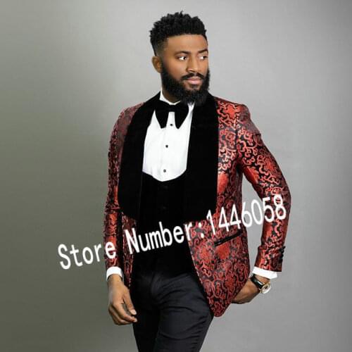 2020 Burgundy Red Jacquard Black Velvet Lapel 3 Pieces Men Custom Made Dinner Party Wedding Blazer Classic Tuxedo Groom Suits