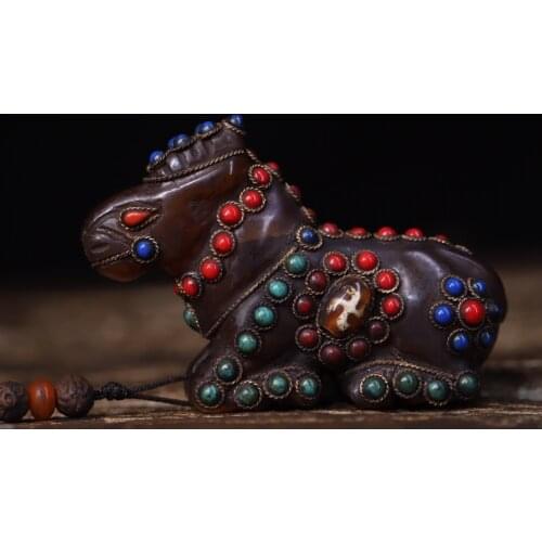 4"Tibet temple Old Natural agate Filigree mosaic Gem Dzi Bead Horse statue Pendant Amulet Town House Exorcism
