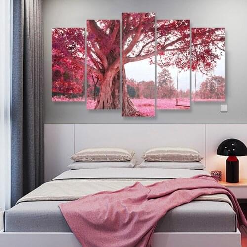 5 Panels Pink imagine Forest Fantastic Swing on Tree Canvas Paintings Wall Art Picture Print Poster Living Room Home Decor