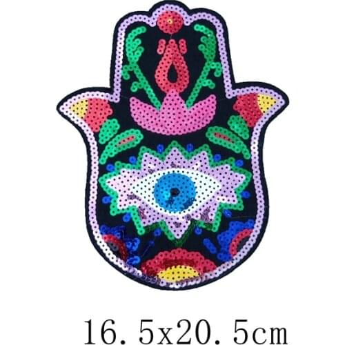 New Arrival Hamsa Hand Sequined Iron on Patches for Clothes Colorful God Hamesh Palm Sequins Appliques 2pc
