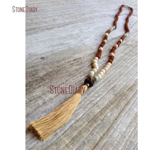 Bohemian Natural Stone Bead Necklace Hand knotted Rudraksha Howlite & Aqua Jaspers 108 Bead Mala Necklace With Tassel NM10957