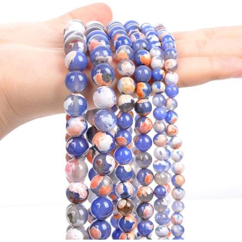 Smooth Natural Stone Beads Blue Orange Fire Agate Onyx Round Loose Spacer Beads for Jewelry Making Bracelet Accessories 6/8/10MM