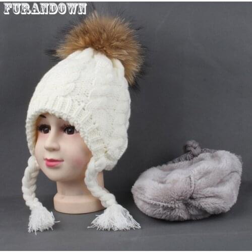Kids Winter Hat With Ears Warm Fleece Inside Ponytail Beanie Cap Baby Girls Knitted Hats For Children Real Fur Pompom Hat