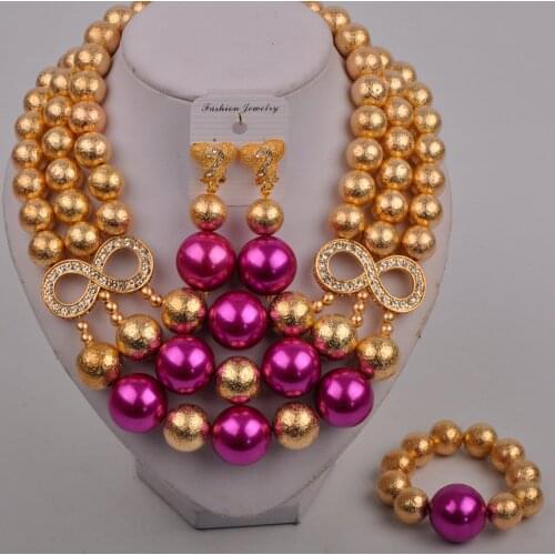 Fuchsia Pink Costume Necklace African Jewelry Set Dubai Gold Jewelry Bride Set for Women