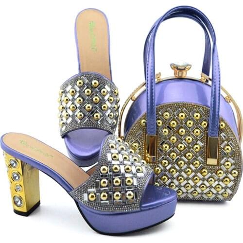 Italian Design Latest African Nigerian Violet Color Ladies Shoes and Bag Set Decorated With Rivet For Party