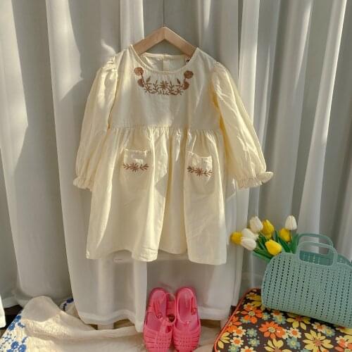 KOKI 2021 Baby Dress Embroidery Cotton Long Sleeve Spring Summer Pocket Cute Lovely Losse Children Toddler Clothes Outwear