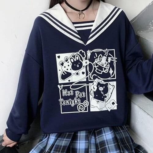 2021 Navy Collar Women Hoodie For Girl Spring Fashion Kawaii Japanese Sweatshirt Cute Long Sleeve Loose Cartoon Student Hoodie