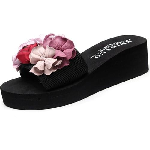 Summer Beautiful Home Flower Slippers Korean Women Sandals House Slides 5CM Low Heels Beach Girls Slippers 2 Color