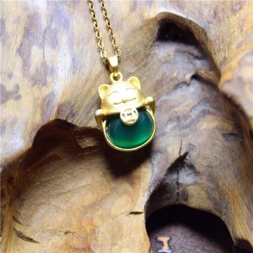Liemjee Fashion Personality Punk Party Jewelry Green Agate Lucky Cat Necklace For Women Feature Namour Charm Gift All Seasons