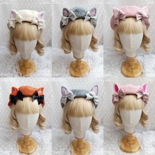 Sweet Lolita Retro Thick Cute Fox & Cat & Rabbit Ear Beret Autumn Winter Warm Kawaii Painter Cap Mori Girl JK Uniform Dome Hat