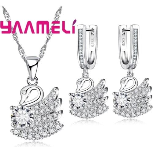 Fashion Swan Jewelry Set 925 Sterling Silver Rhinestone Jewelry Set For Women Wedding Party Necklace Earrings Set