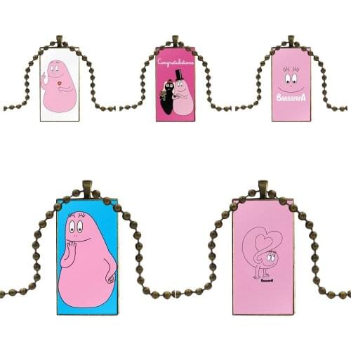 Cartoon Barbapapa Barbamama Pink Smile Pattern For Girls Wholesale Necklace Fashion Long Chain With Rectangle Necklace Jewelry