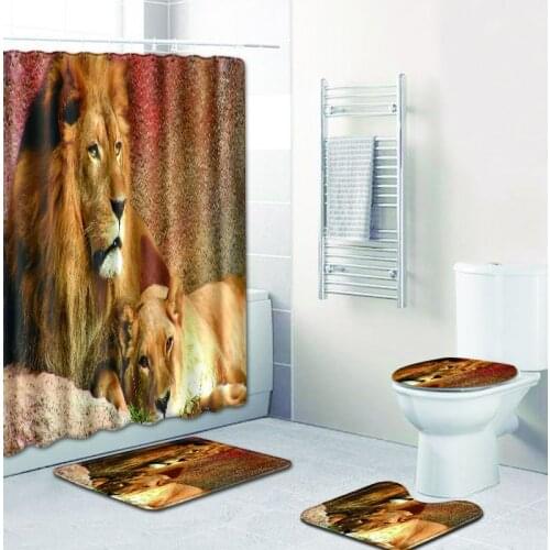 The Lion 4pcs Bathroom Shower Curtain and Rug Sets 3D Carpet In Bath Mat Christmas Doormat Rug India Home Decor for Gift