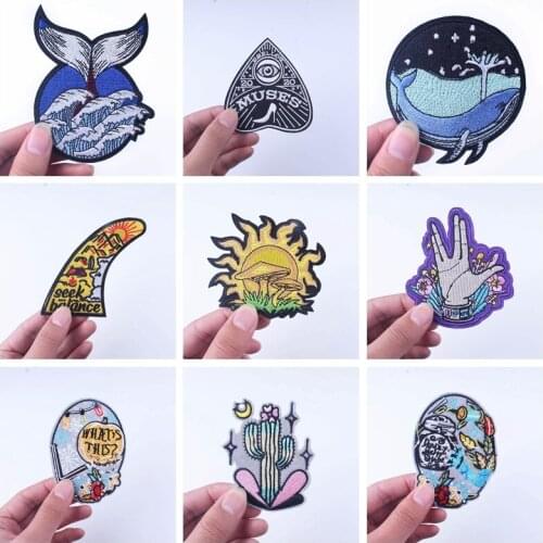 Mountains Embroidery Wave Cactus Iron On Patches For Clothing Sun Stripe Embroidered Badges Patches On Clothes Flowers Patch