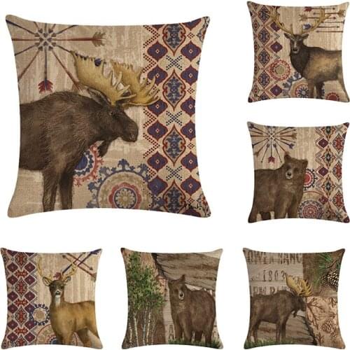 45x45cm Vintage Animal Throw Pillow Cover elk and brown bear design Cotton linen Pillowcase couch moose cushion cover