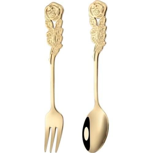Stainless Steel Rose Flower Fork Spoon Set Dessert Spoon Fruit Fork Coffee Spoon for Kitchen Restaurant Home ( Golden )