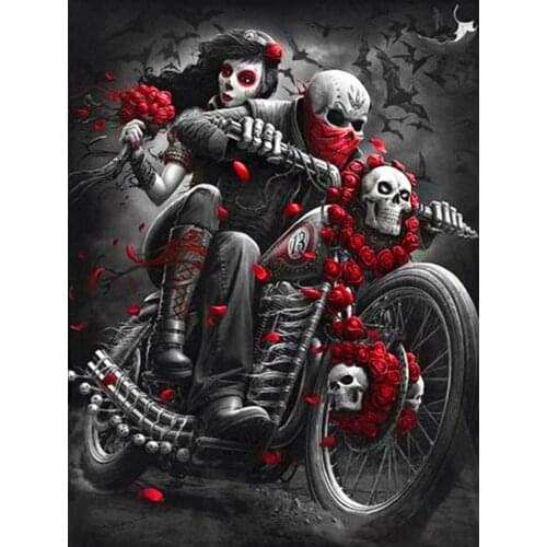 NicHome 5D Diamond Painting Motorcycle Skull Couple Kit Full Drill Diamond Embroidery Mosaic Art Picture Halloween Gift