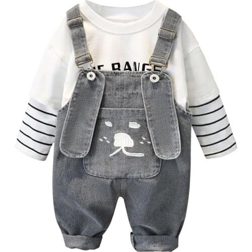 New Toddler Clothing Set Infant Boys Striped Top+ Denim Strap Overalls 2PCS Kids Jeans Casual Jumpsuit Cartoon Children Outfits
