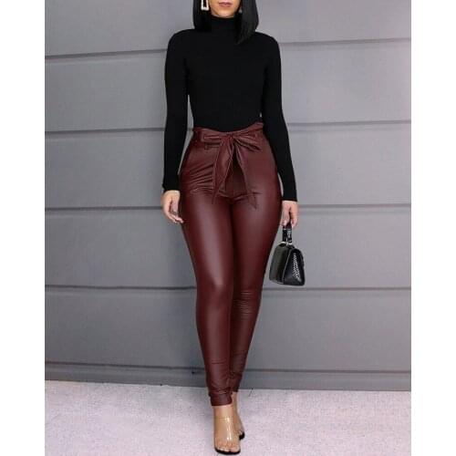 Autumn Sexy Tight Pu Leather Pants Burgundy and Black Trousers Women