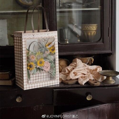 Window lattice stripe PVC transparent handbag flowers gift packaging 4pcs business shopping bags for boutique wedding