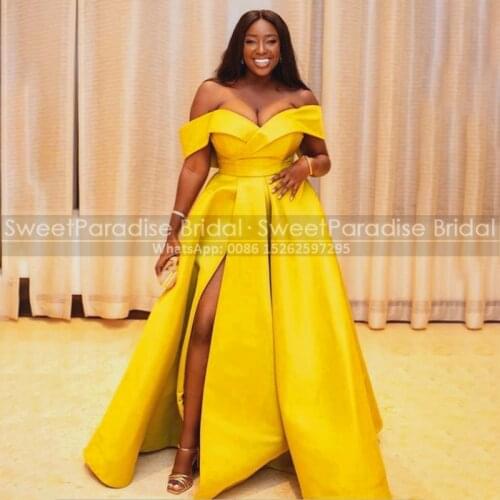 Sexy High Split A Line Evening Dresses Off Shoulder Gold Yellow Satin Long Plus Size African Women Red Carpet Dress Party Gown