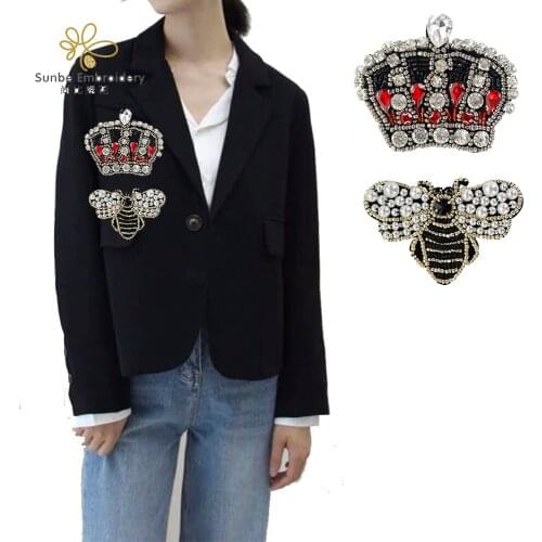 Handmade Rhinestone Beaded Crown Bee Patches for Clothes Pearls Decoration Applique
