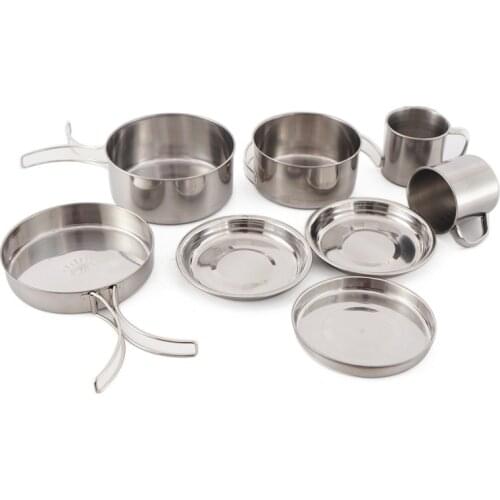 Outdoor Stainless Steel 8-Piece Cookware Mountaineering Camping Portable Bowl BBQ Cookware 3-4 Folding Combination Set