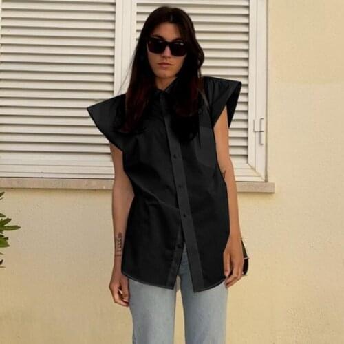 Fashion Tide Spring Summer 2021 Solid Color Turn-Down Collar Widen Shoulder Sleeveless New Design Girls Streetwear Blouse