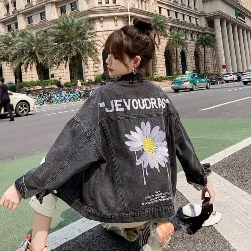 Daisy embroidery Denim jacket women Coat Streetwear Bomber Denim Coat Women jacket womens Coat loose Wash denim jacket women