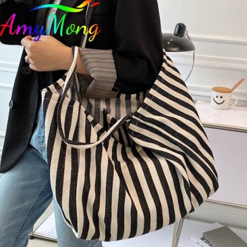 Women Canvas Handbag Purse Female Fashion Large Capacity Shoulder Bag Simple Stripe Hand Bag Tote Shopper Bag Top-handle New Sac