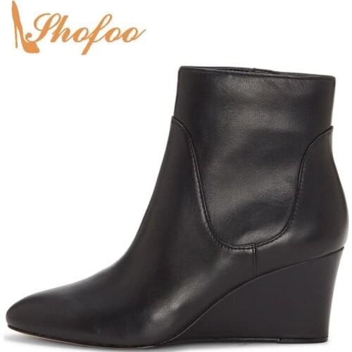 Large Size 13 14 Black Pointed Toe Ankle Boots Woman High Wedges Heels Zipper Ladies Winter Booties Shoes Footwear Warm Mature
