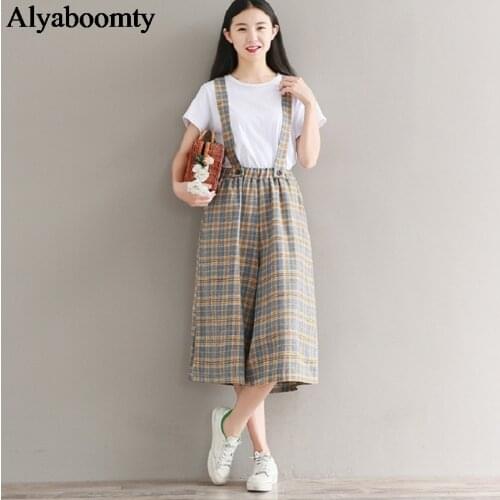 Japanese Mori Girl Women Overalls Casual Loose Cotton Plaid Wide Leg Calf-Length Pants Suspenders Preppy Style Elegant Jumpsuits